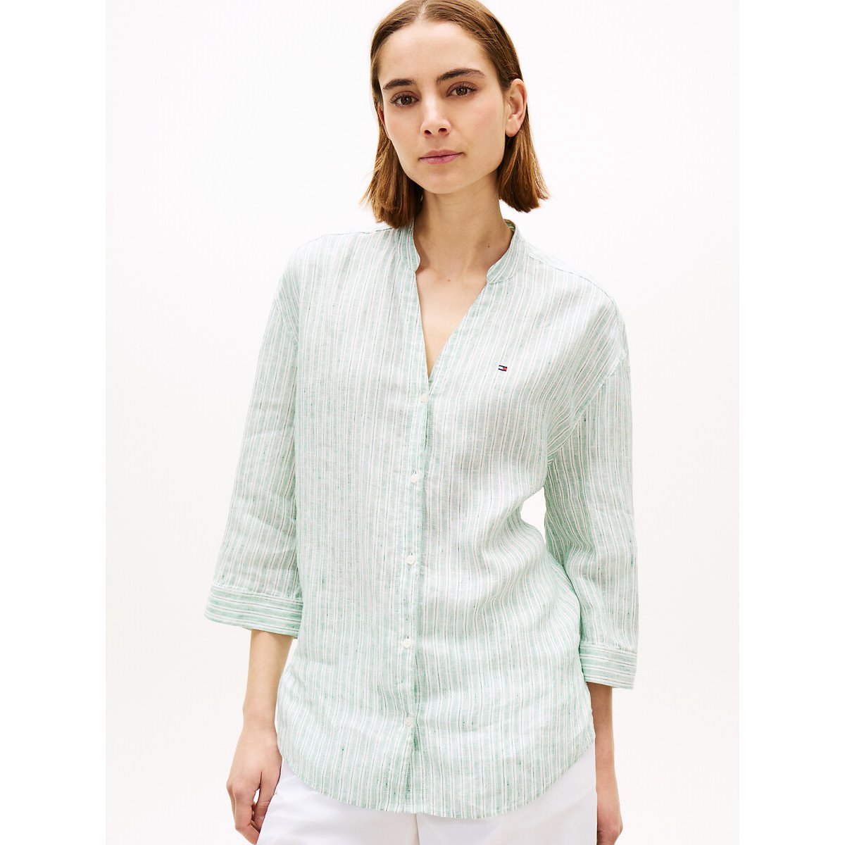 Linnen blouse met V-hals, 3/4 mouwen gestreept groen/ecru, TOMMY HILFIGER