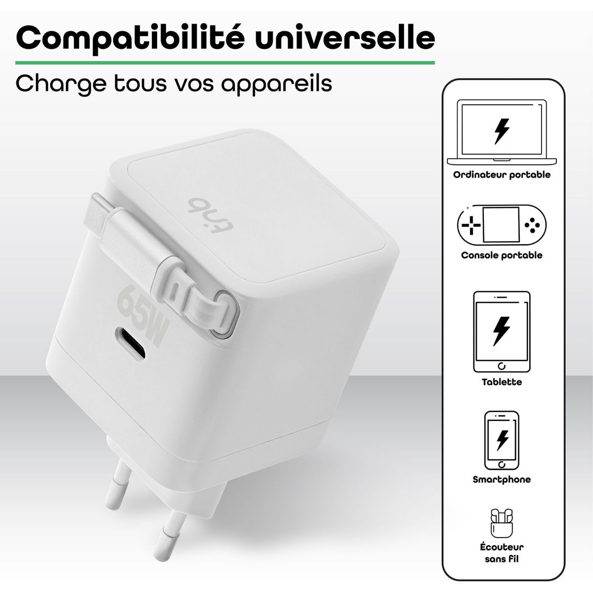 Chargeur + câble GAN USB-C charge rapide + cable 70cm couleur unique, TNB