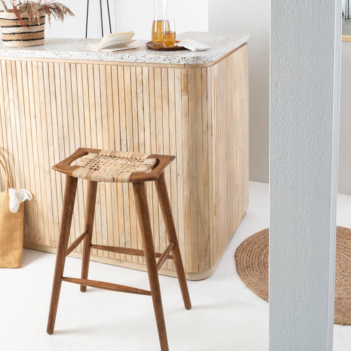 Tabouret de bar en paille SUZANNA bois foncé, MADE IN MEUBLES 