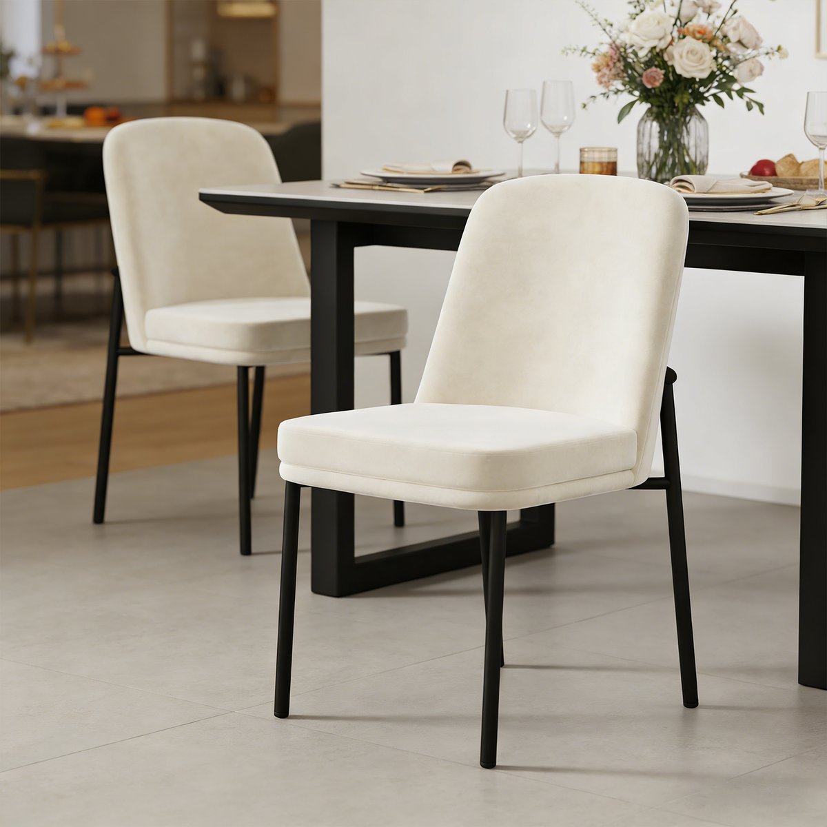Lot de 2 chaises de salle à manger en velours avec pieds métal, DUORAUC beige, MEUBLES COSY