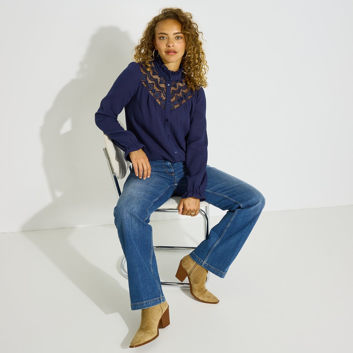Chemise ajourée en gaze de coton bleu marine, GRAIN DE MALICE