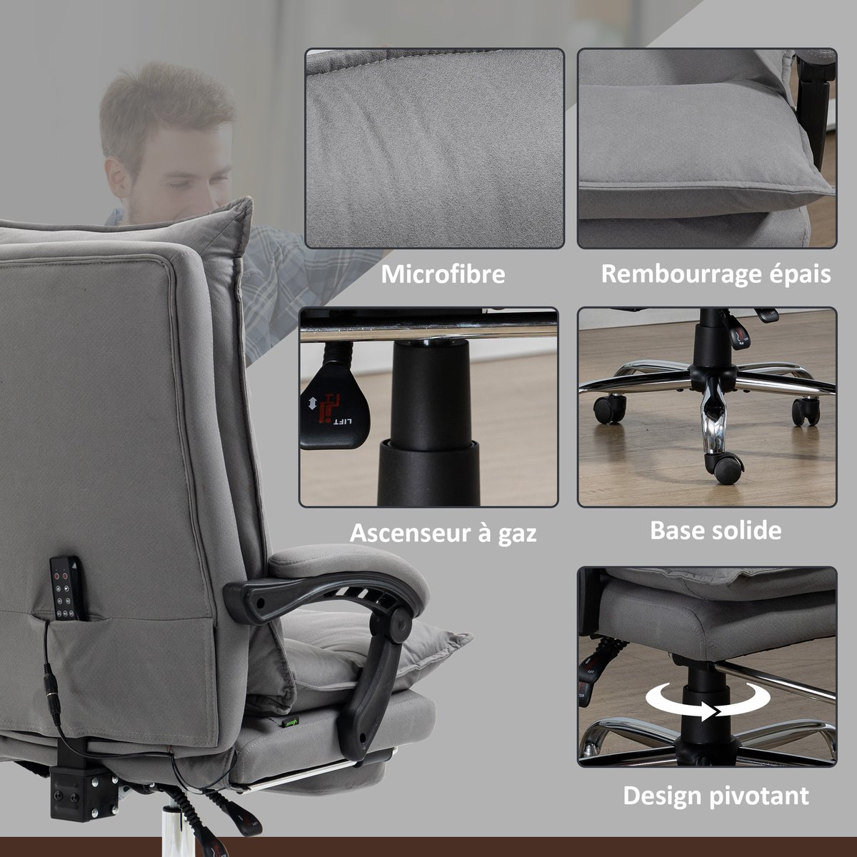 Fauteuil de bureau avec fonction massage gris, HOMCOM