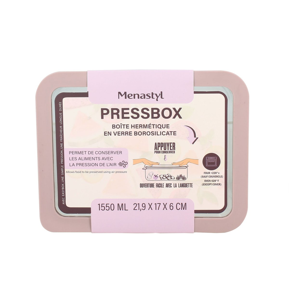 Boite hermétique rectangulaire en verre 1550ml, PRESSBOX lavande, MENASTYL