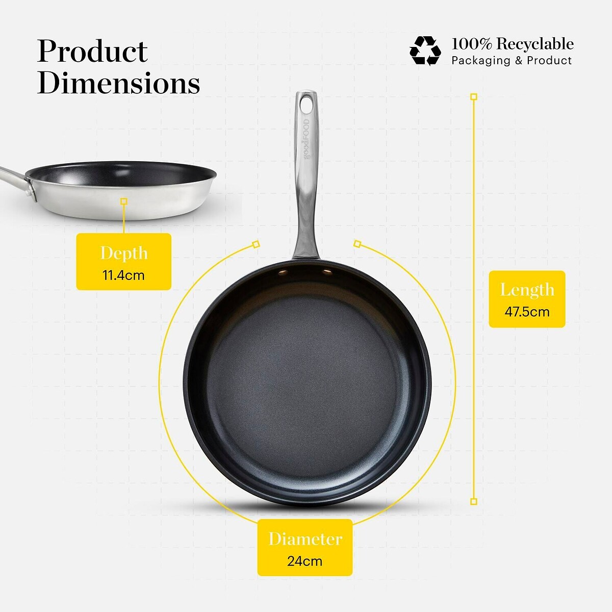 24cm Tri-Ply Frying Pan silver-coloured, GOOD FOOD BY TOWER
