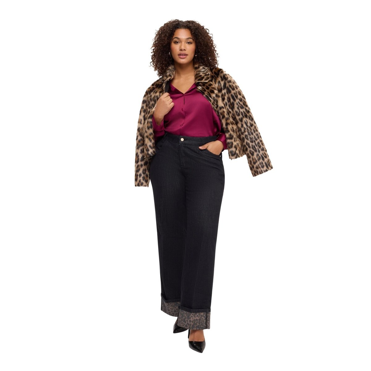 Jean regular à revers imprimé animalier noir, FIORELLA RUBINO