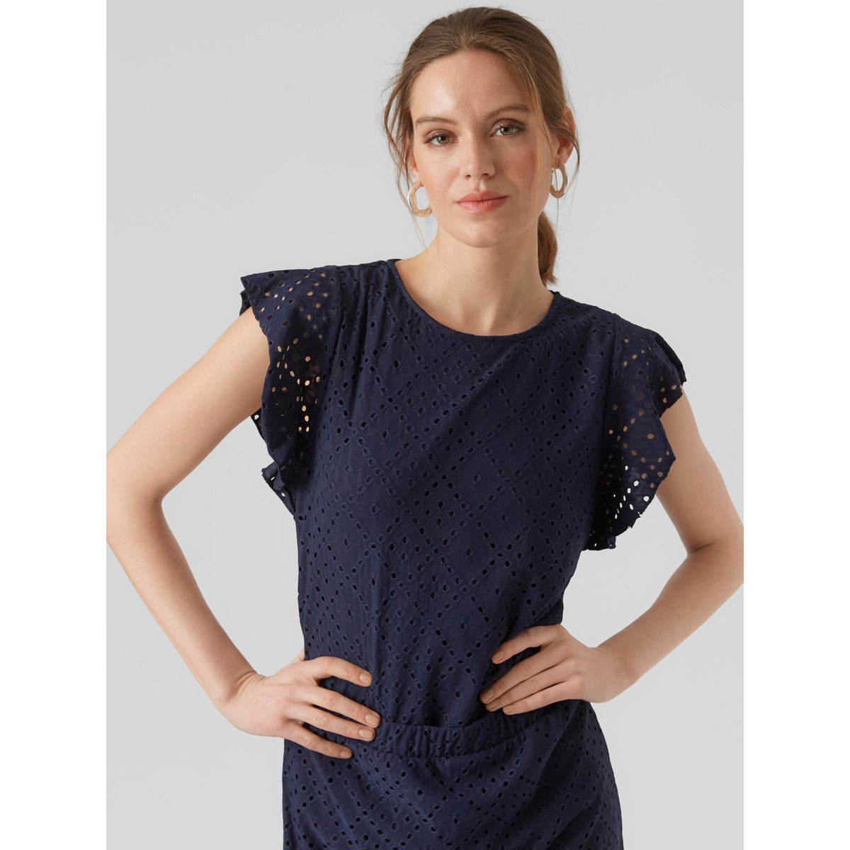 T-shirt ajouré col rond manches courtes navy blazer, VERO MODA