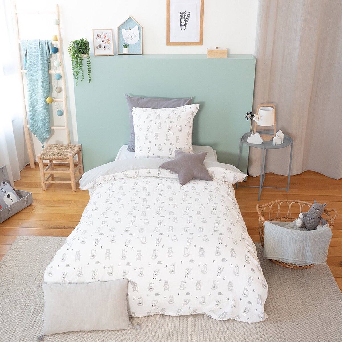 Parure de lit enfant + taie en gaze de coton, Foret gris, C DESIGN HOME TEXTILE
