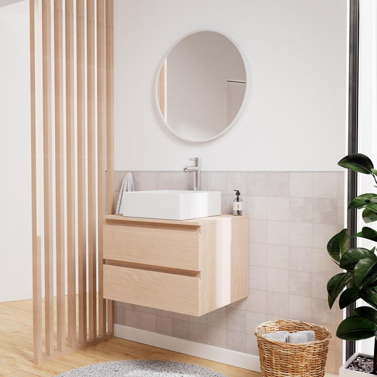 Ensemble meuble simple vasque 60cm + vasque + robinet + miroir SORRENTO chêne, MOB IN