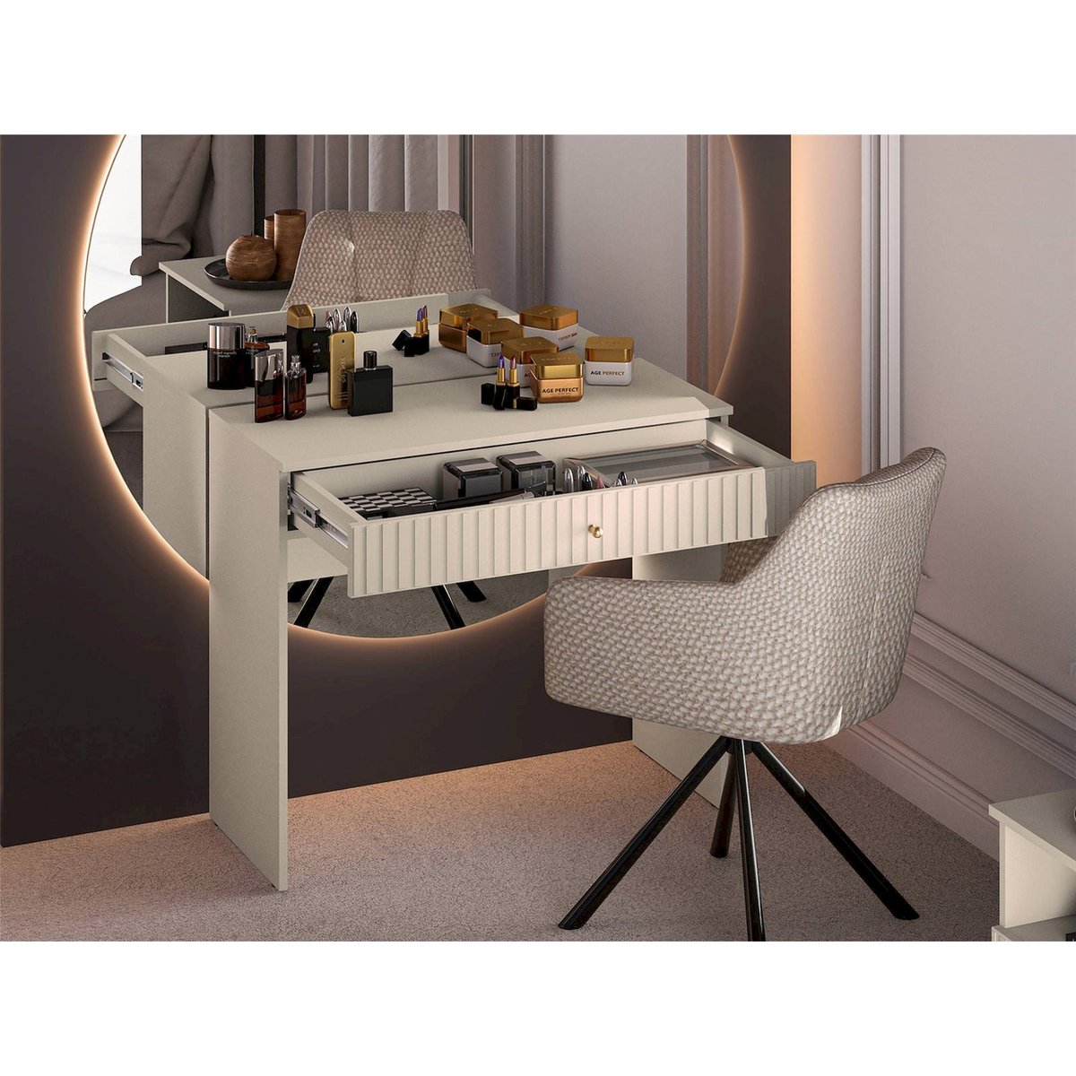 Coiffeuse à tiroir et lamelles décoratives cachemire avec poignée dorée, RECOLLECTION