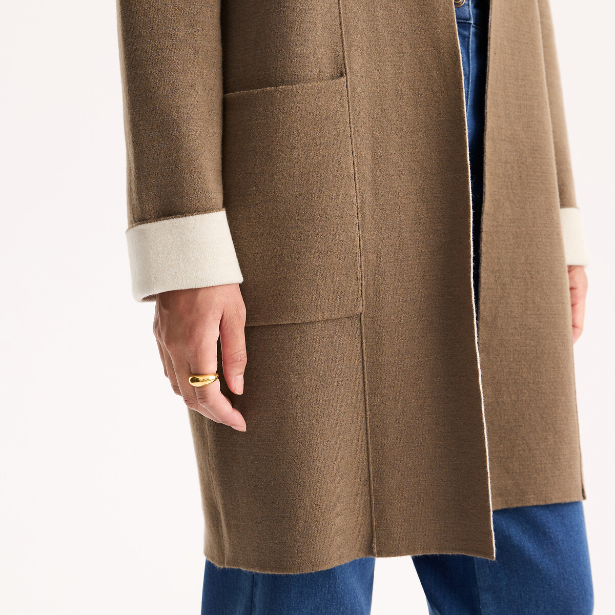 Gilet long en maille milano taupe + crème, ANNE WEYBURN