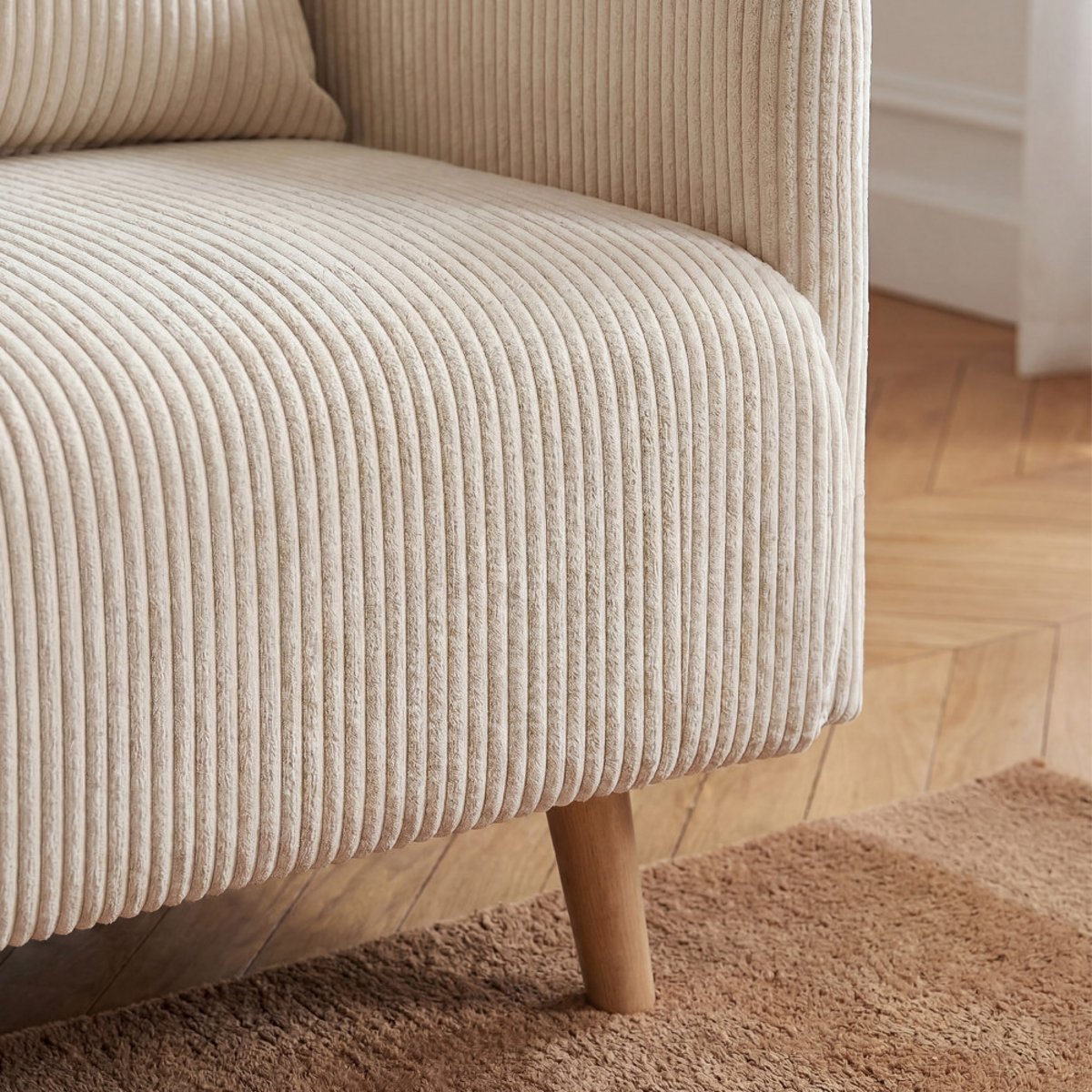 Canapé convertible 2 places en velours côtelé pieds bois clair- BELUSHI beige, DRAWER