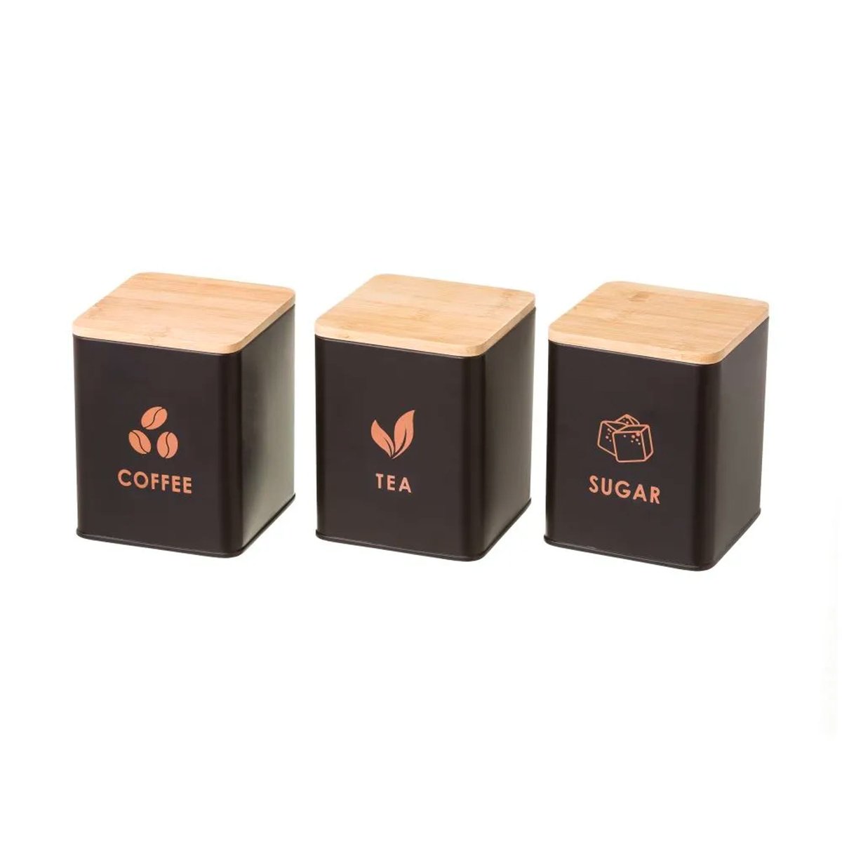 Set de 3 boîtes de cuisine en métal noir et bambou Coffee, Tea, Sugar noir, WADIGA