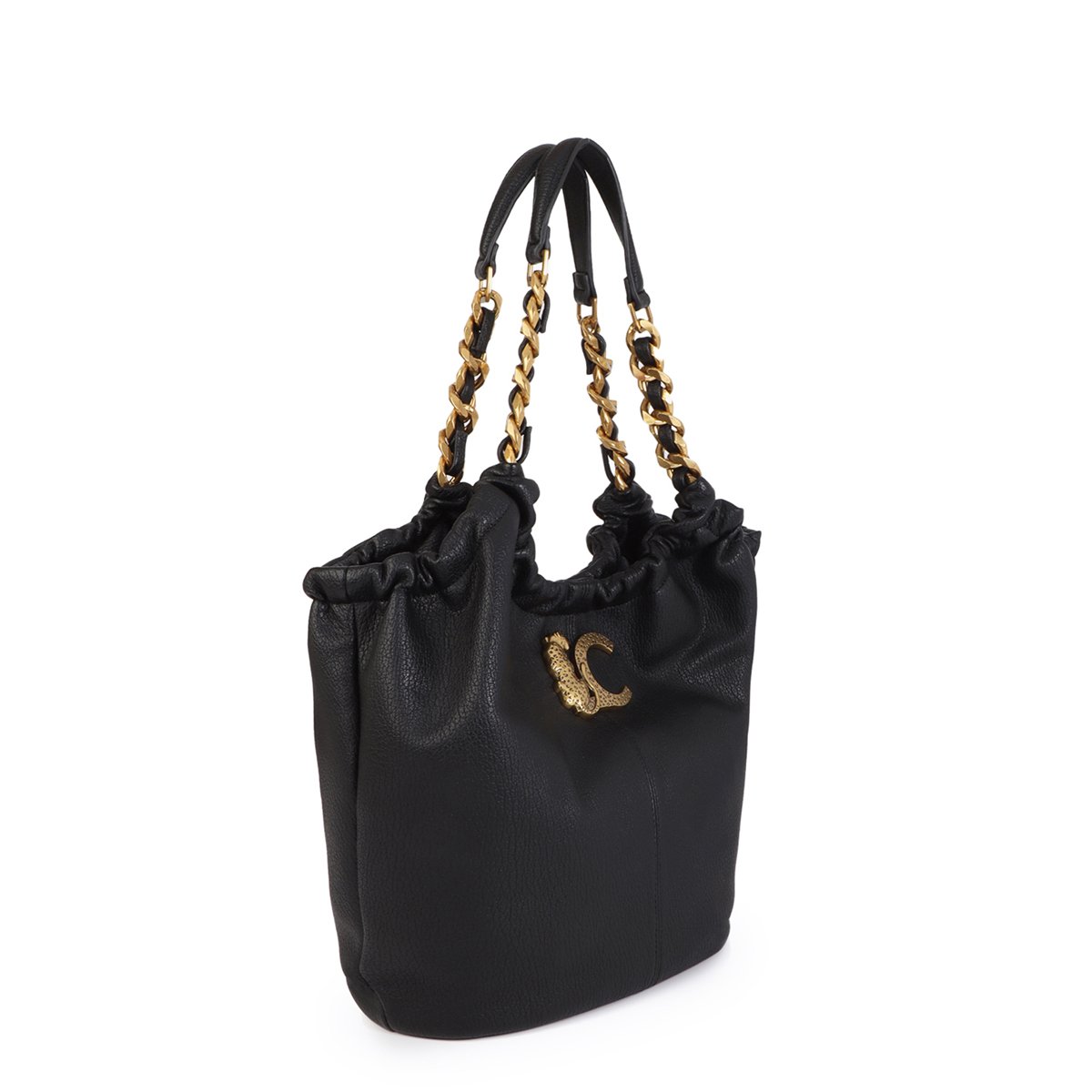 Sac hobo à chaîne dorée et logo panthère noir, LOLA CASADEMUNT