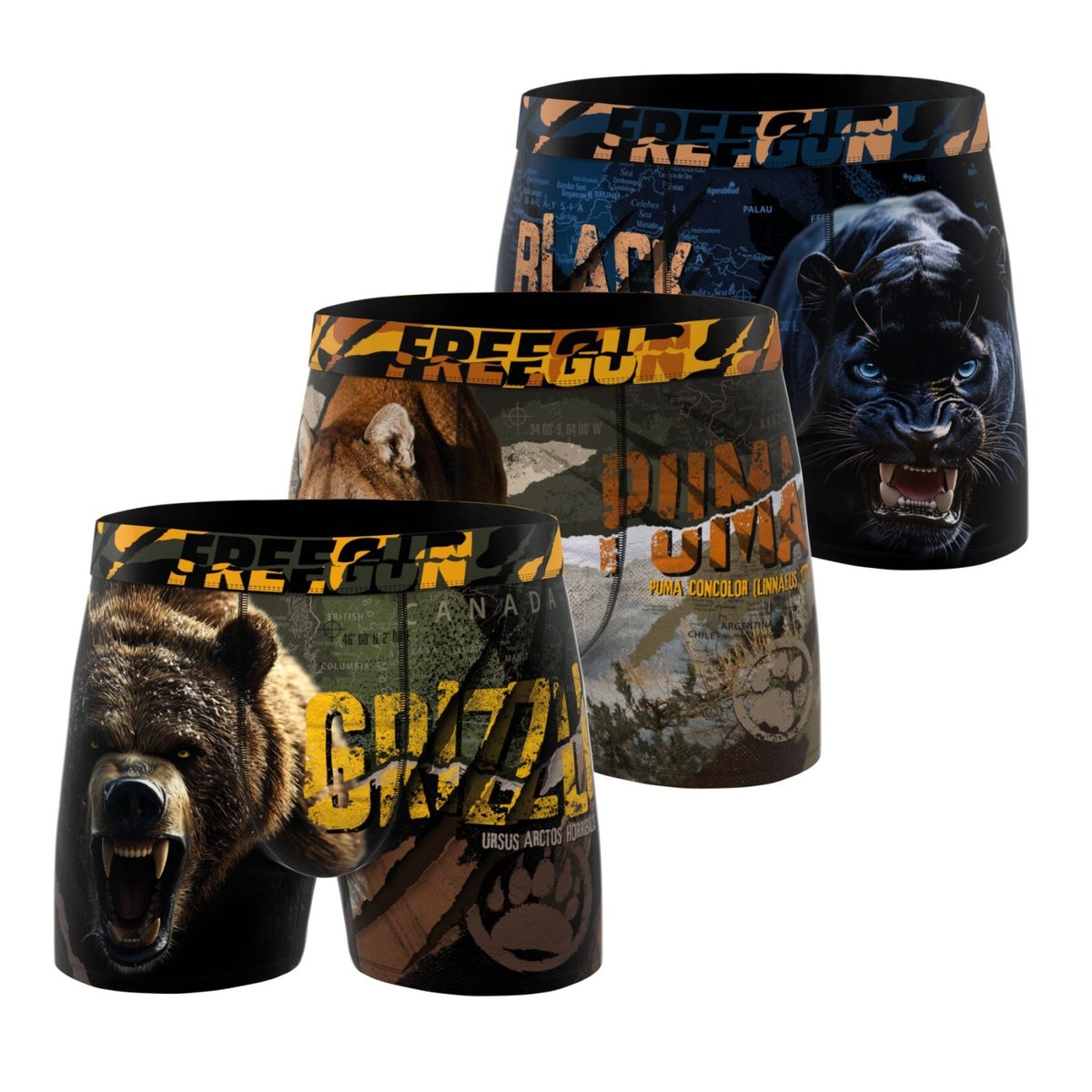Lot De 3 Boxers Savage Animals marron/jaune/noir/vert/noir/bleu, FREEGUN