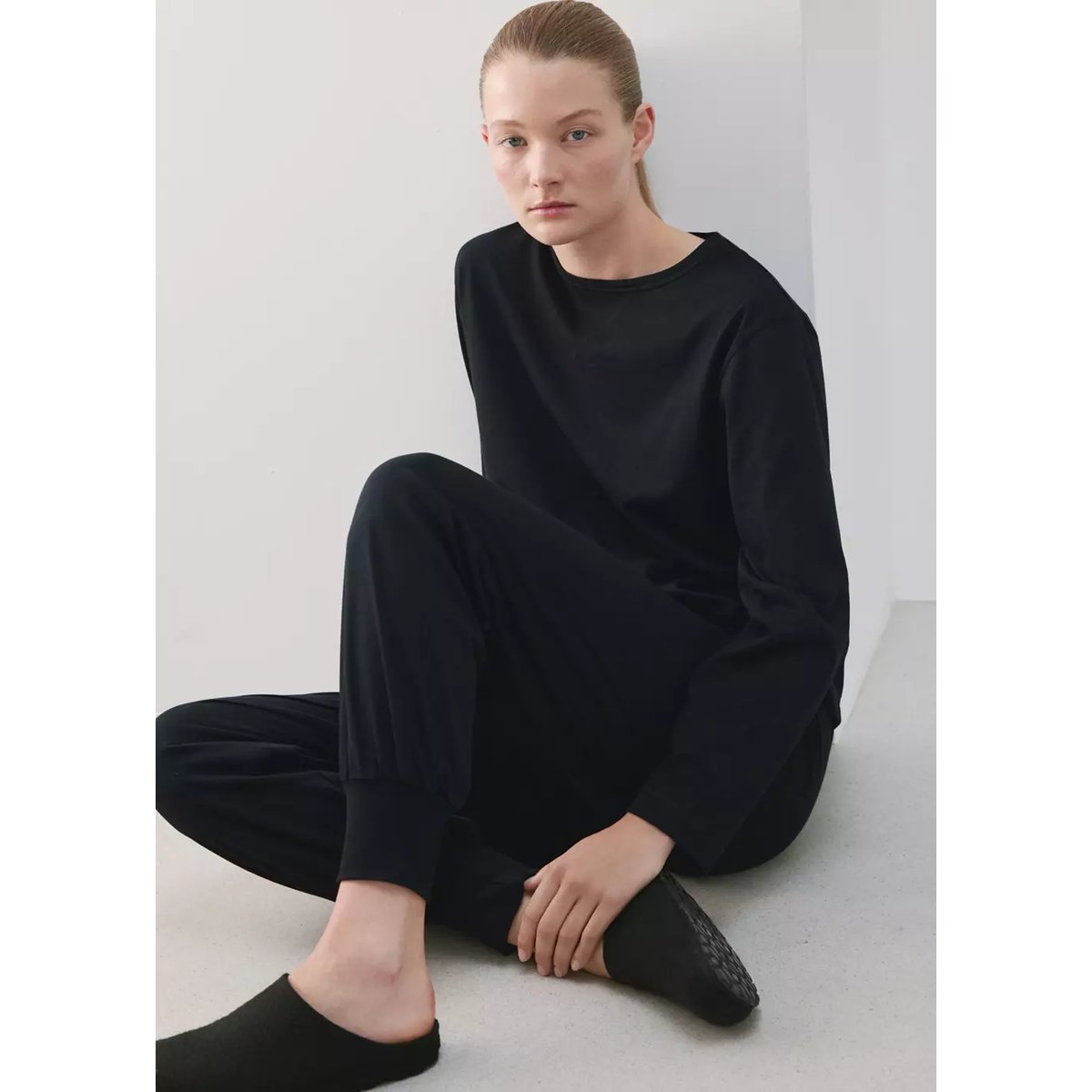 Pyjama deux pièces coton uni noir, MANGO