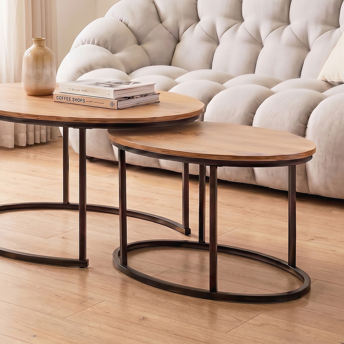 Lot de 2 tables basses gigognes ovales LENNY bois clair, CALICOSY
