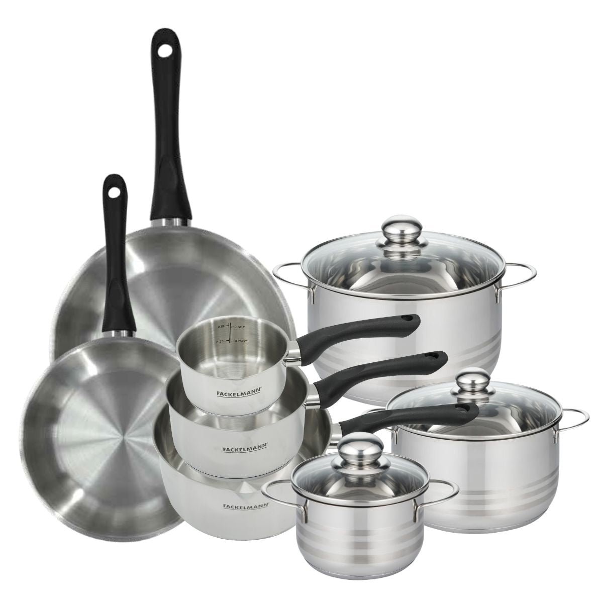 2 poêles 24/28, 3 faitouts 16/20/24, 3 casseroles 12/16/20 inox|noir, FACKELMANN