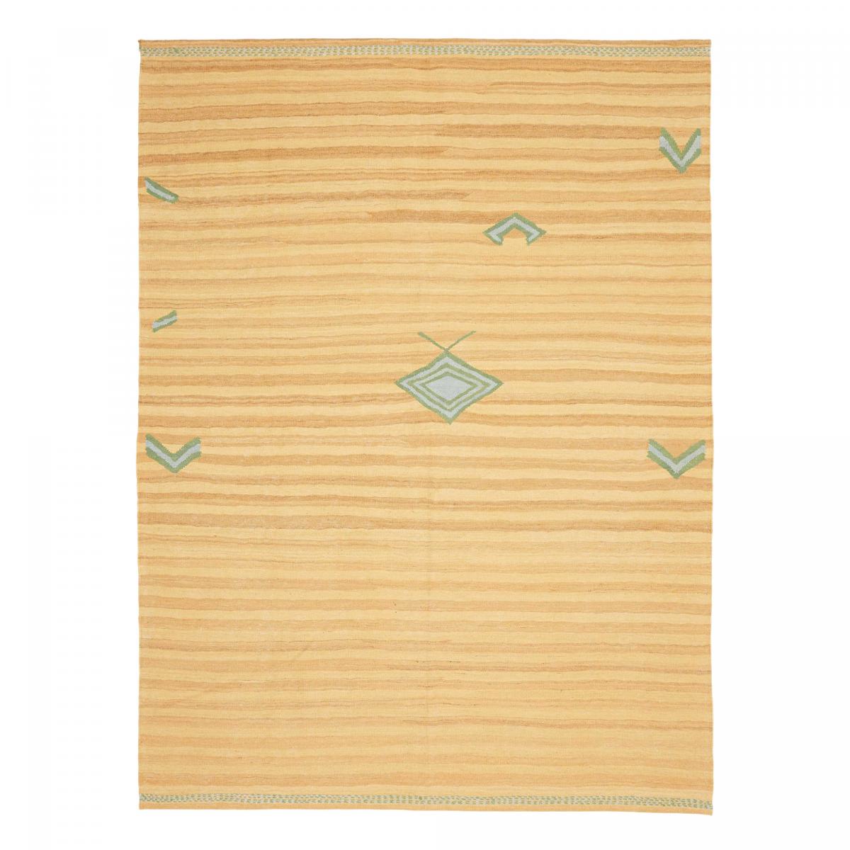 Tapis kilim géométrique, tissé plat en laine, KELIM KU 3 jaune, beige, vert, UN AMOUR DE TAPIS
