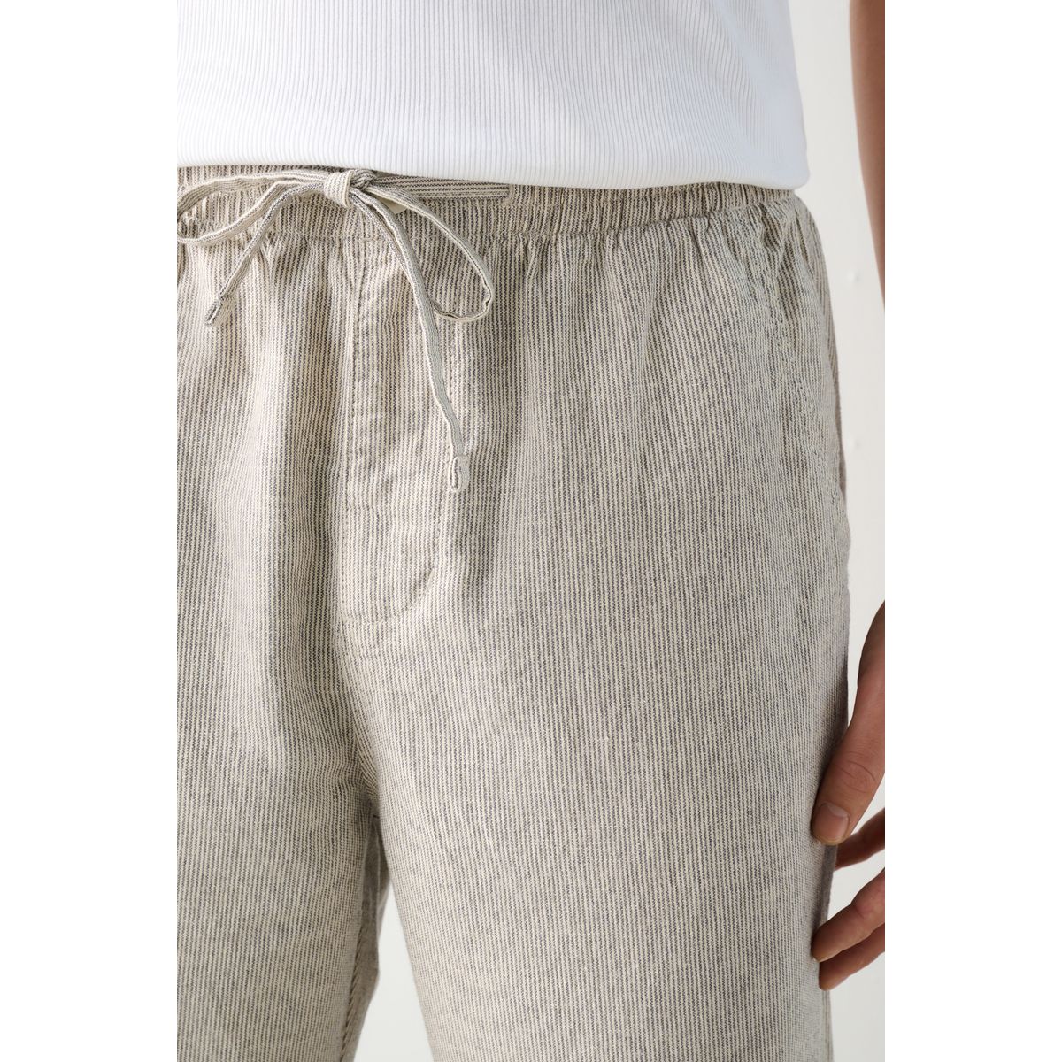 Pantalon en lin et coton à rayure écru/marron champignon, NEXT