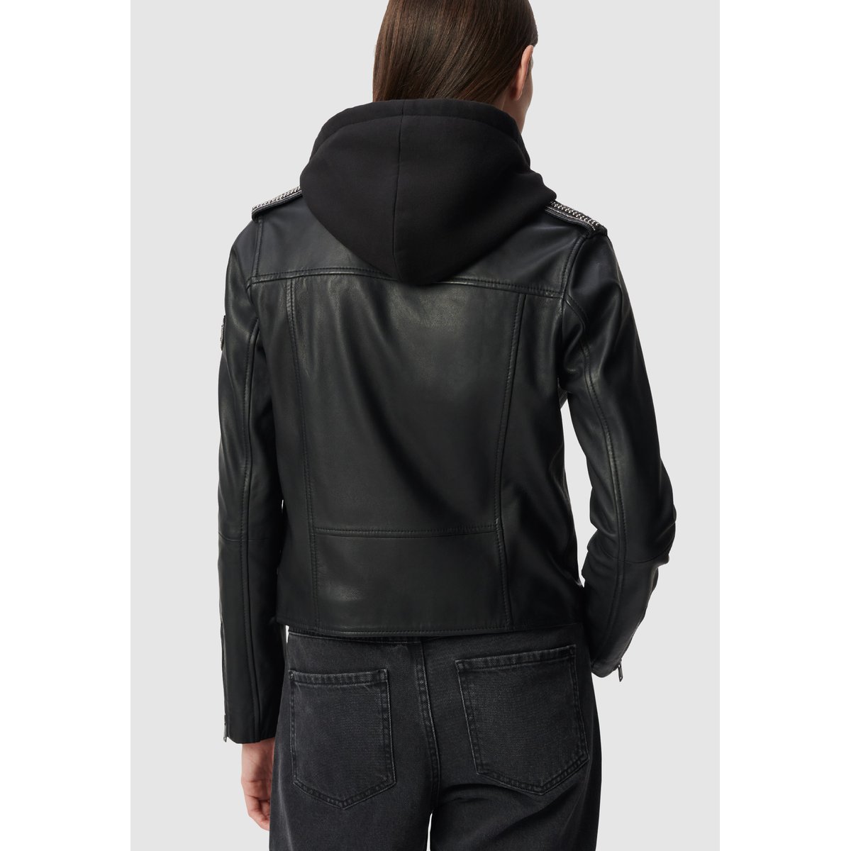 Blouson cuir d'agneau à capuche amovible noir, IKKS
