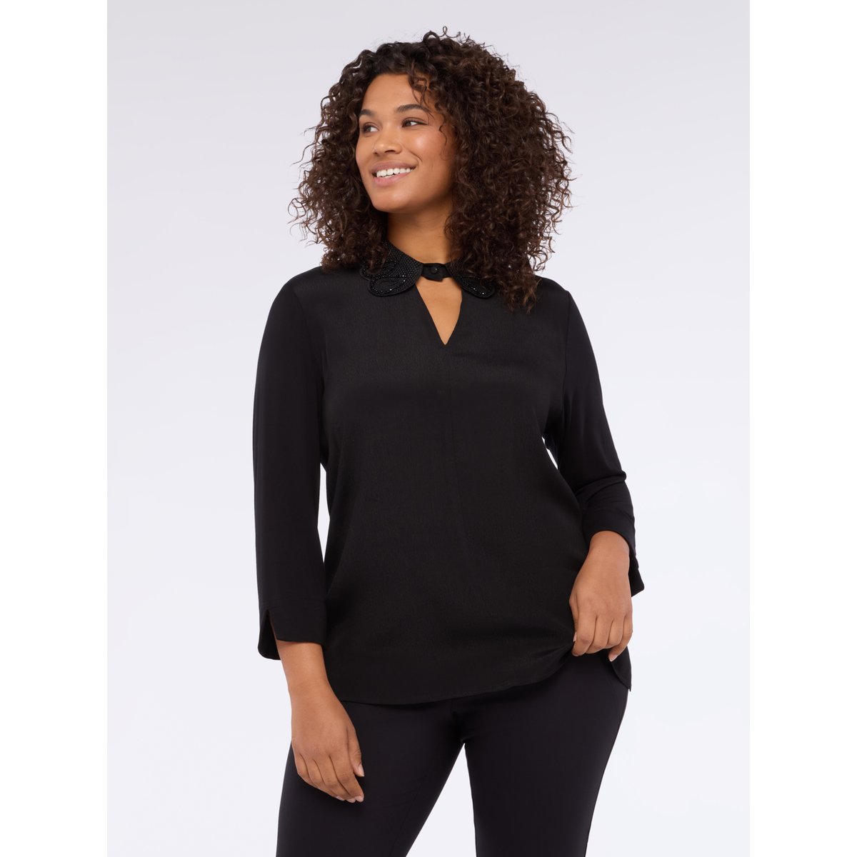 T-shirt bimatière avec col précieux noir, FIORELLA RUBINO