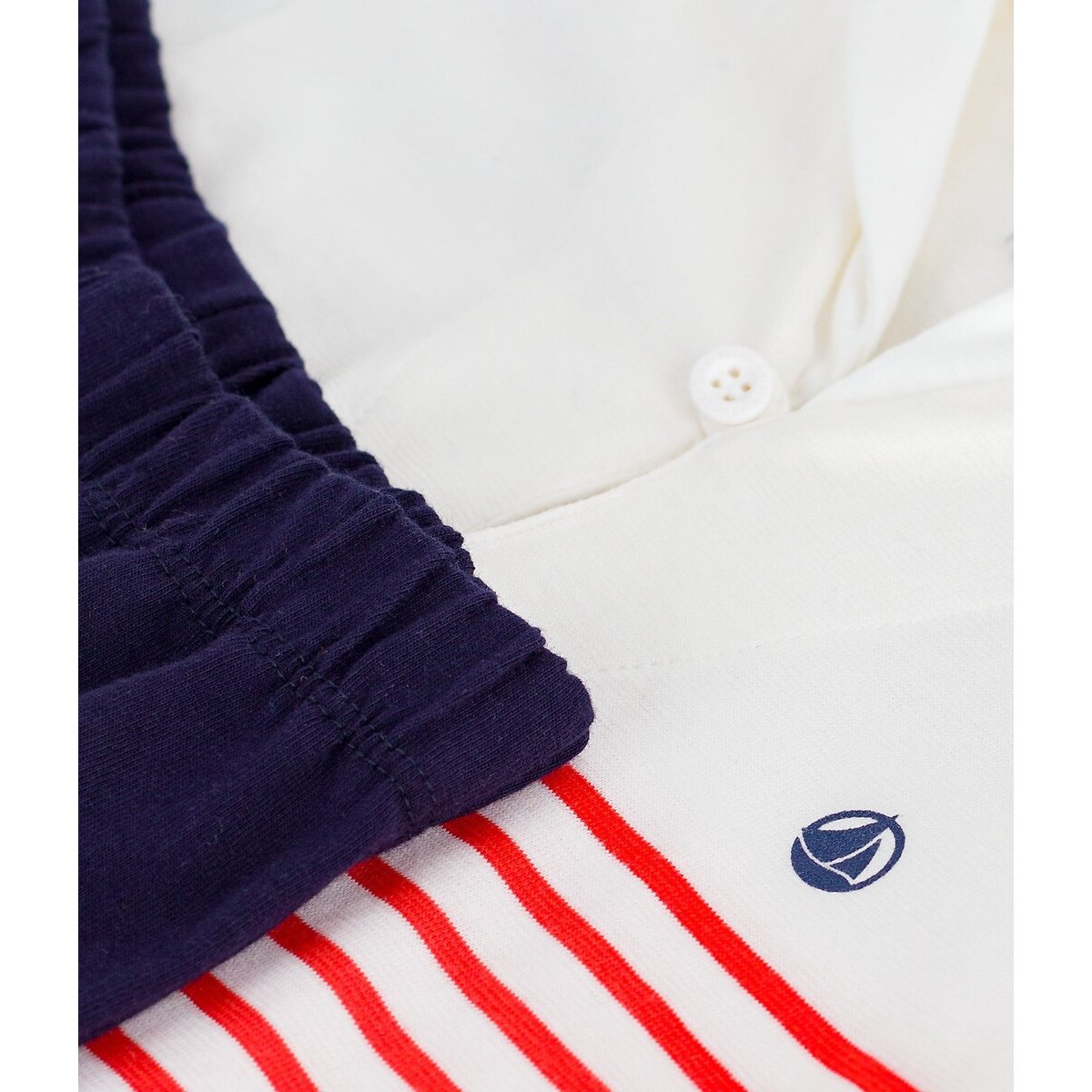 Ensemble 2 pièces en coton, T-shirt à col marin et short blanc/rayures/marine, PETIT BATEAU
