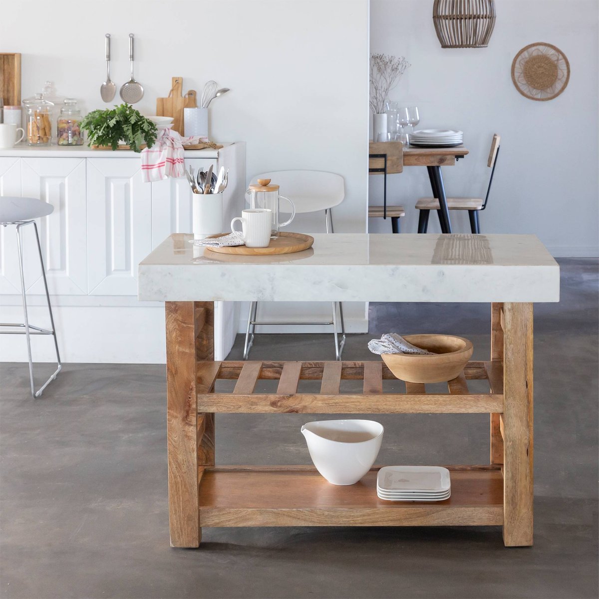 Billot en bois massif et marbre LOUCA blanc, MADE IN MEUBLES 