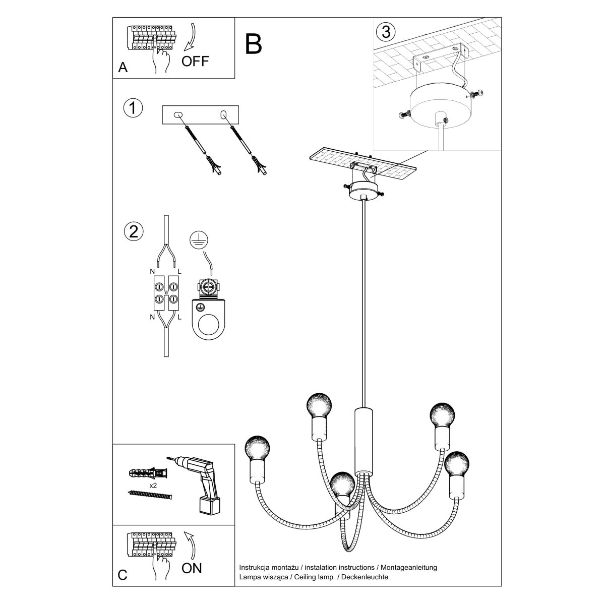 Suspension Acier Noir E27 3 Piccolo noir, EDEN