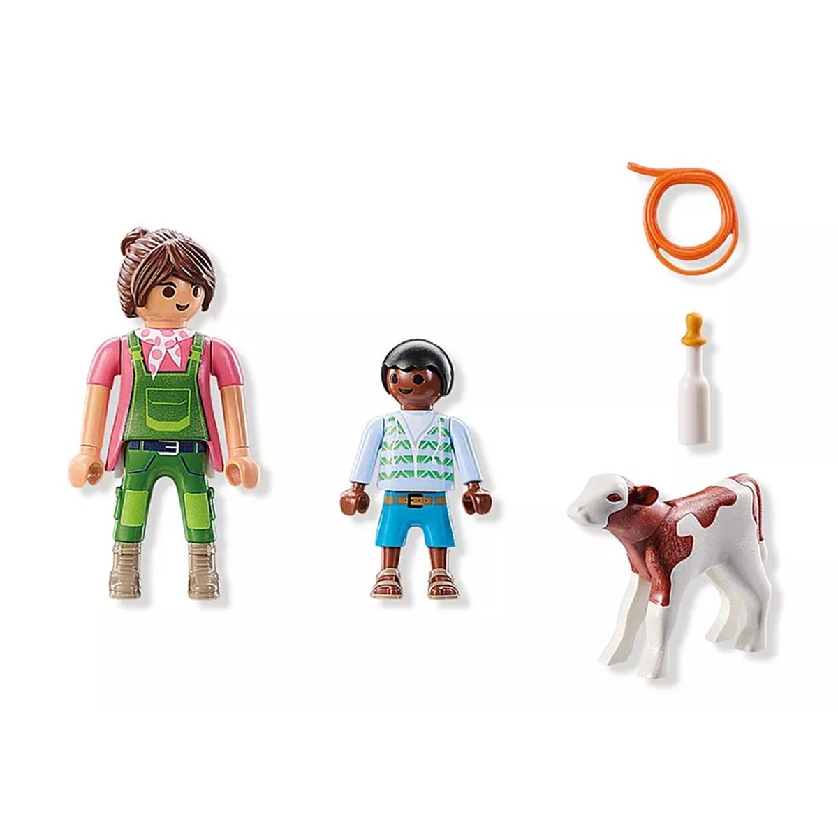 Duo : Fermière avec enfant donnant le biberon à un veau multicolore, PLAYMOBIL