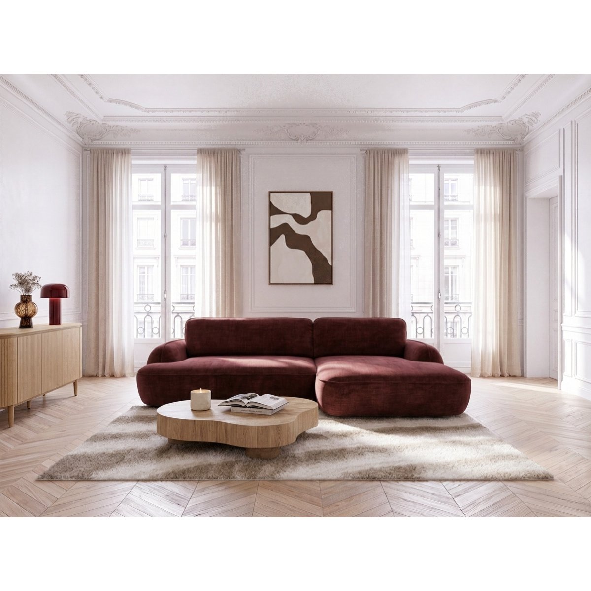 Canapé d'angle convertible 3 places en tissu lisse, CELESTE rouge, BOBOCHIC