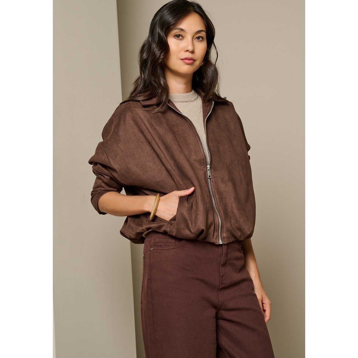 Veste suédine ballon brun fonce chocolate, LOLALIZA