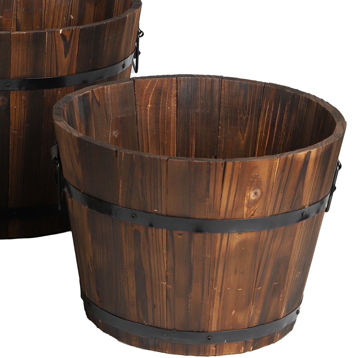 Set de 3 cache-pots en bois et cerclage métal noir tonneaux bois, WADIGA