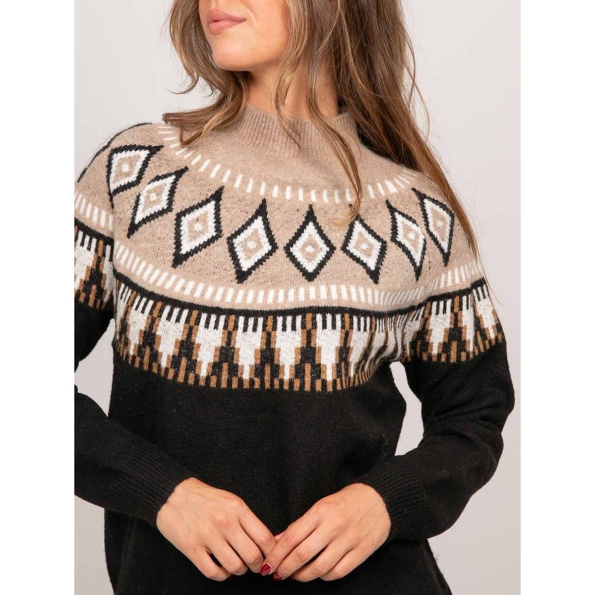 Pull Jacquard Col Montant Et Motif Norvégien Katana noir, DONA LISA