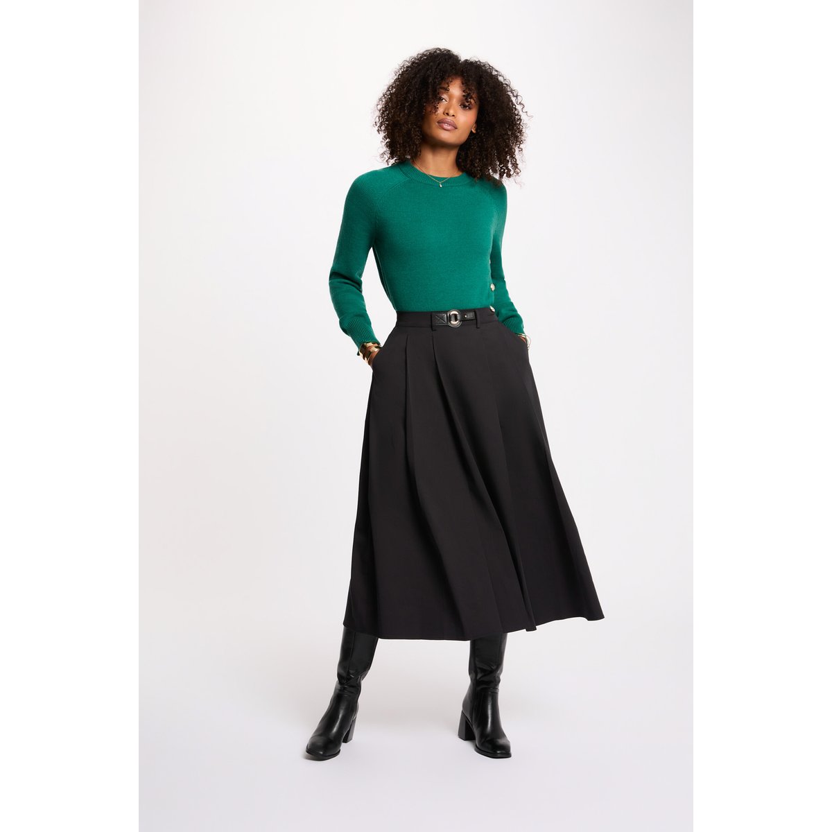 Jupe évasée taille haute noir, MORGAN