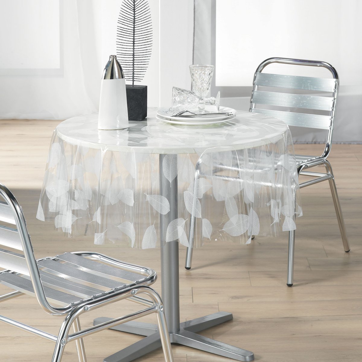 Nappe ronde transparente print feuilles blanc, DOUCEUR D'INTÉRIEUR