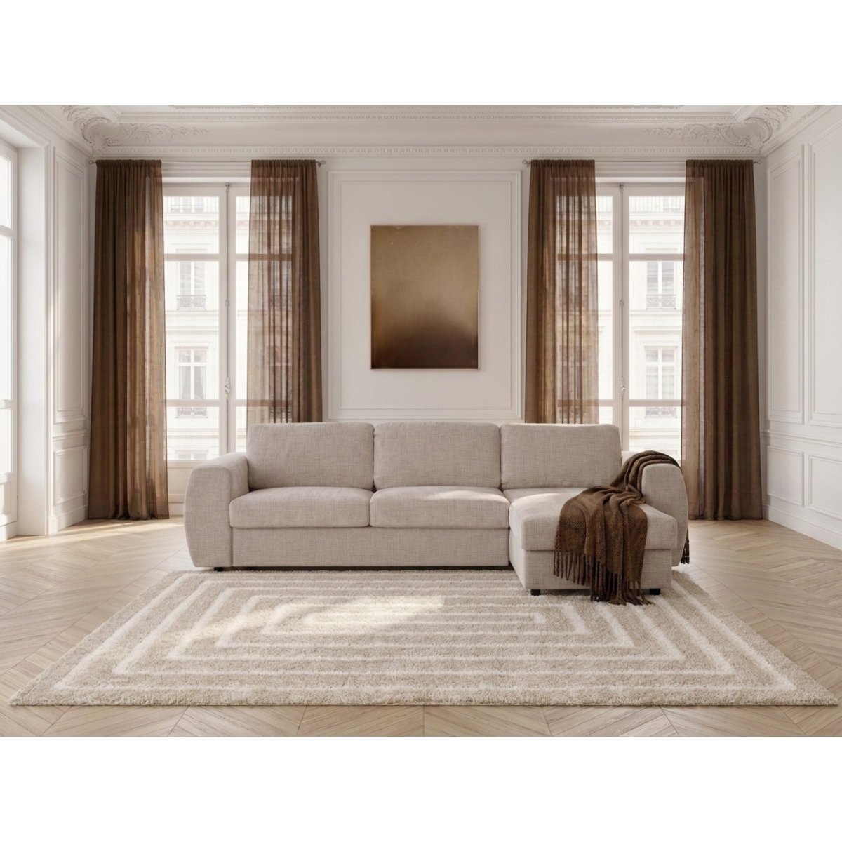 Canapé d'angle convertible 4 places en tissu texturé couchage 140x190 cm, HUGO beige, BOBOCHIC