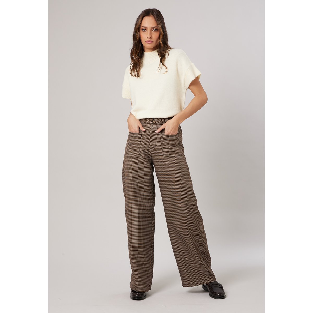 Pantalon large femme à carreaux DEBBY taupe, DEELUXE