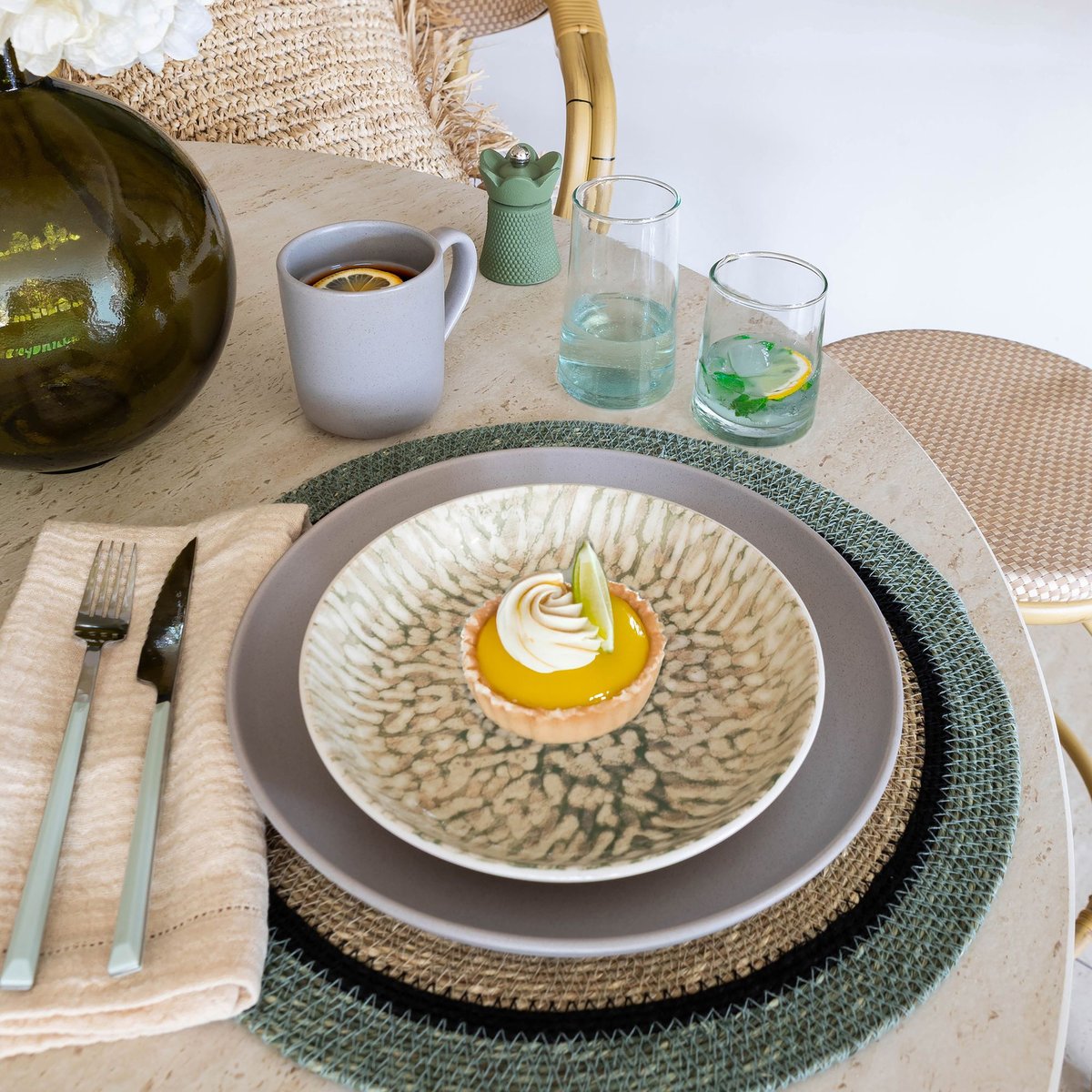 Lot de 6 assiettes à dessert en grès 20cm, JADE beige-vert, NOVASTYL