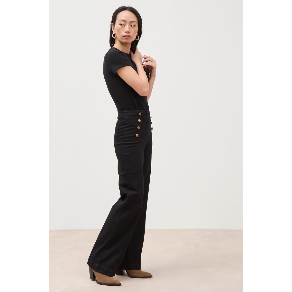 Jeans bootcut taille haute 7/8ème denim noir, BONOBO