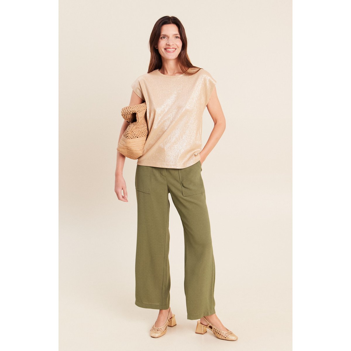 Pantalon large 7/8ème taille haute vert kaki, BREAL