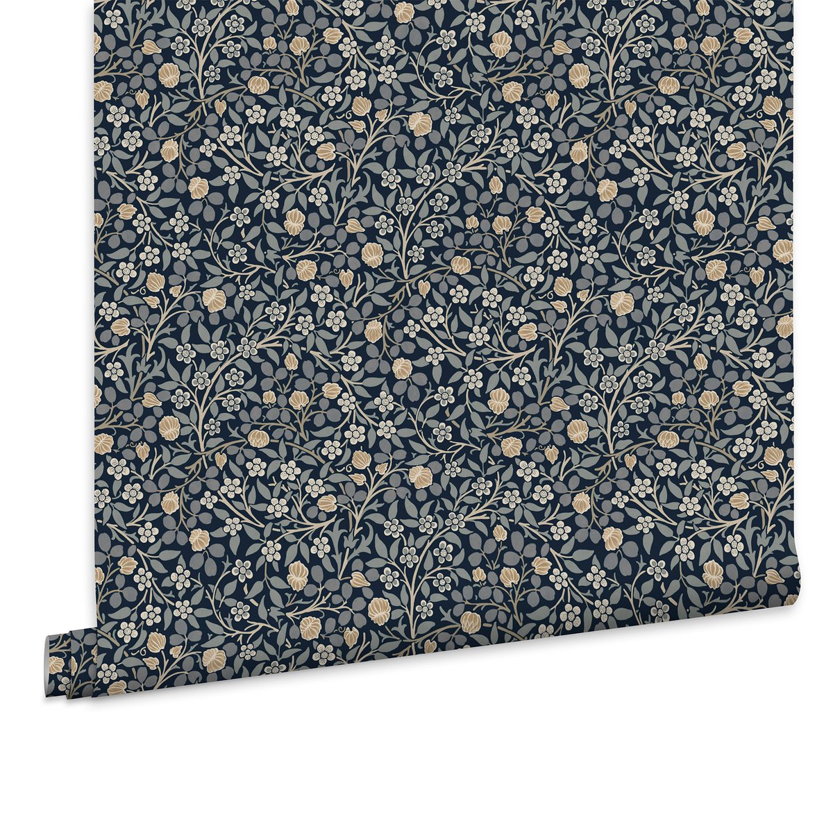 Papier peint fleuri Clover Midnight bleu, ocre, beige, WILLIAM MORRIS AT HOME