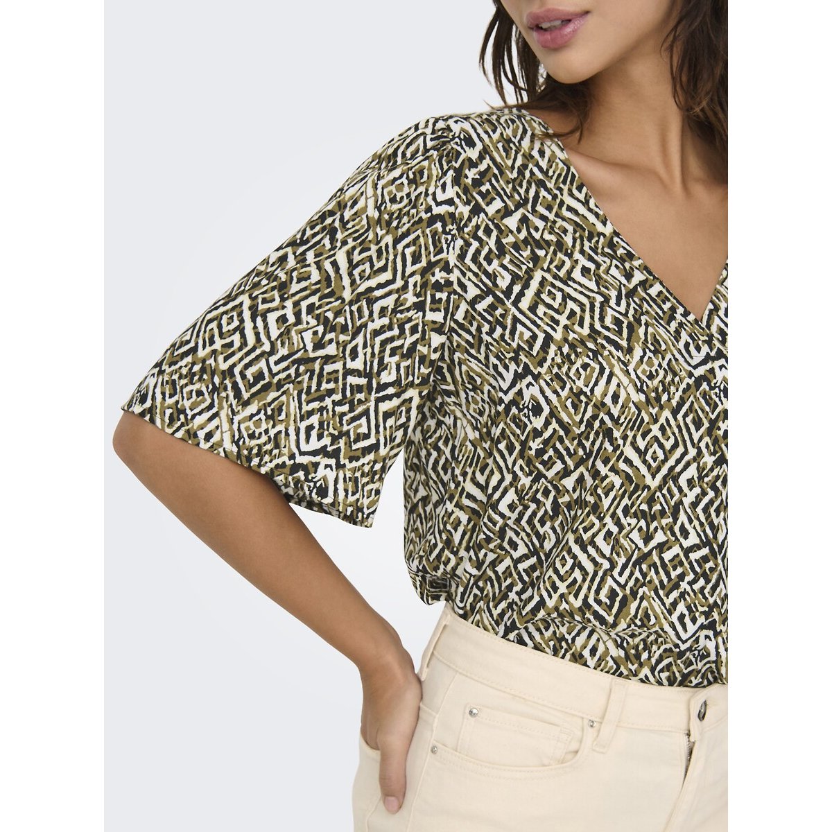Blusa fantasia, scollo a V fantasia nero, JDY