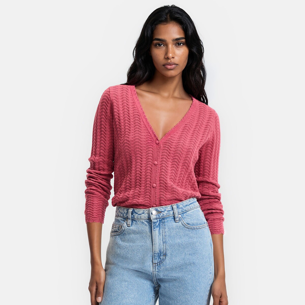 Chaqueta de punto fino con cuello de pico y cierre de botones rosa maquillaje, LA REDOUTE COLLECTIONS