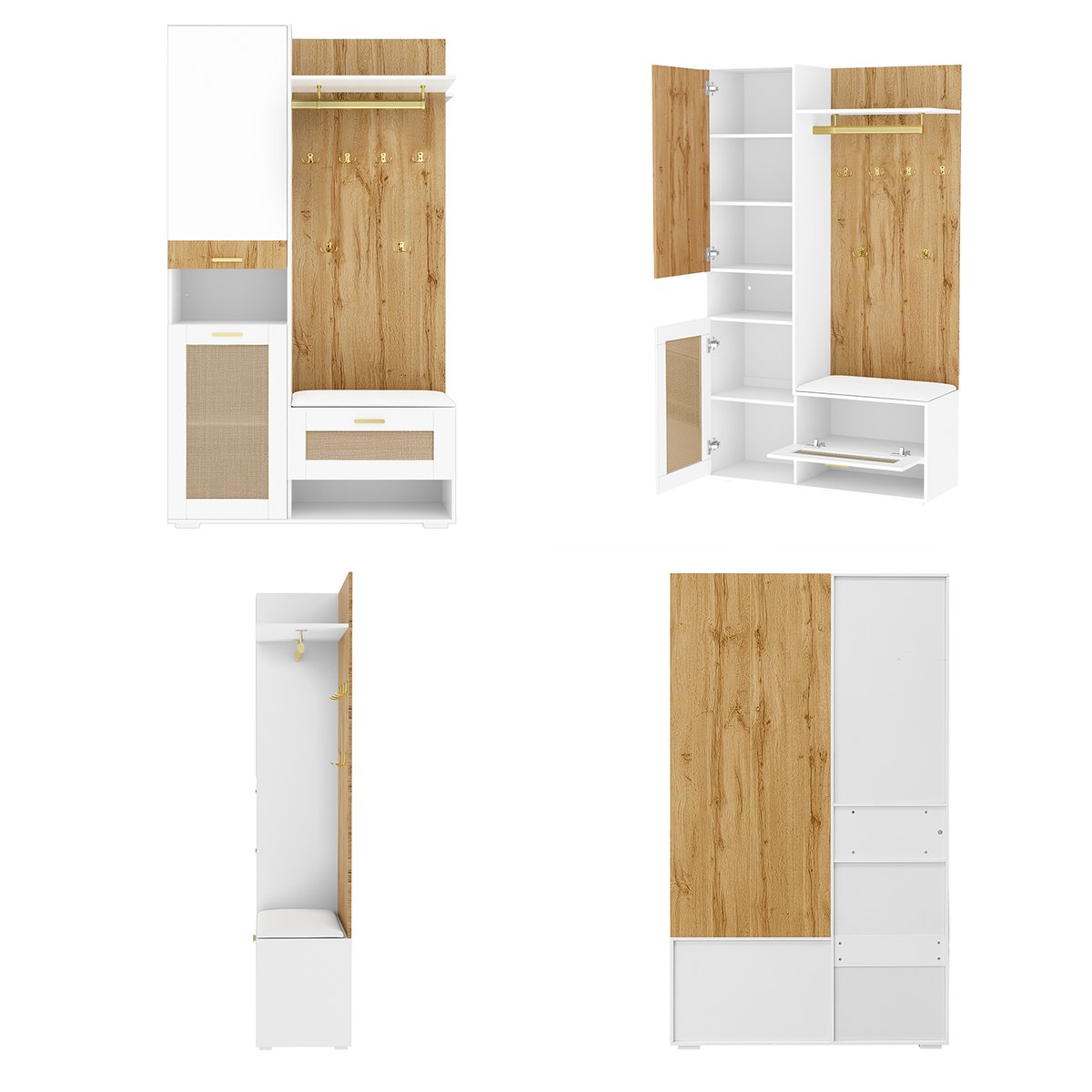 Vestiaire d'entrée avec miroir banc et rangement, PORTER-K chêne, MEUBLES COSY