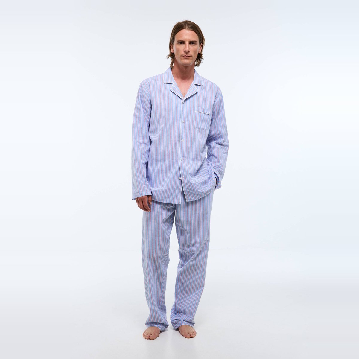 Pyjama chemise manches longues et pantalon gratté en coton BIO GOTS marine, MONOPRIX