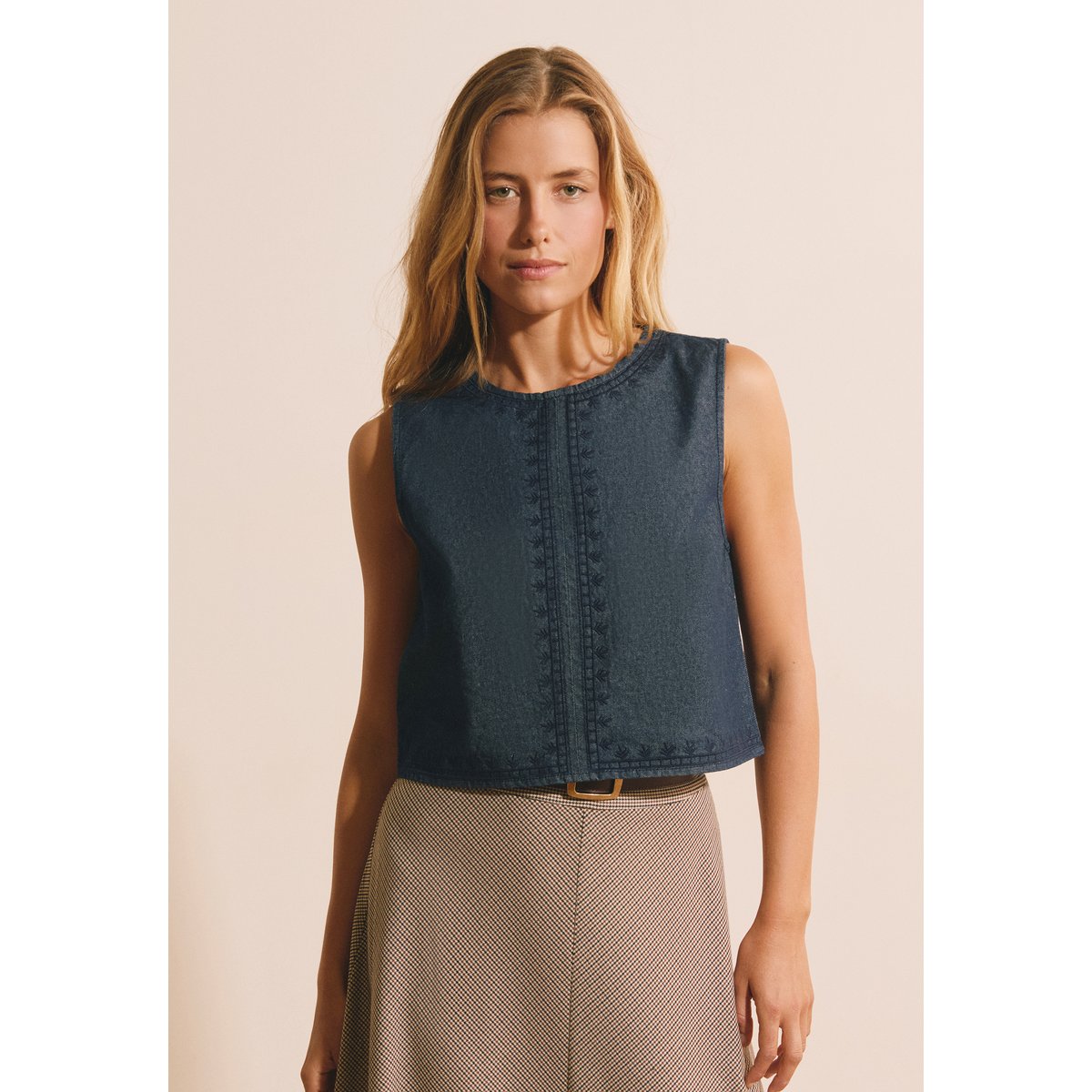 Top col V en coton BRUNO BROD jean denim, ETAM