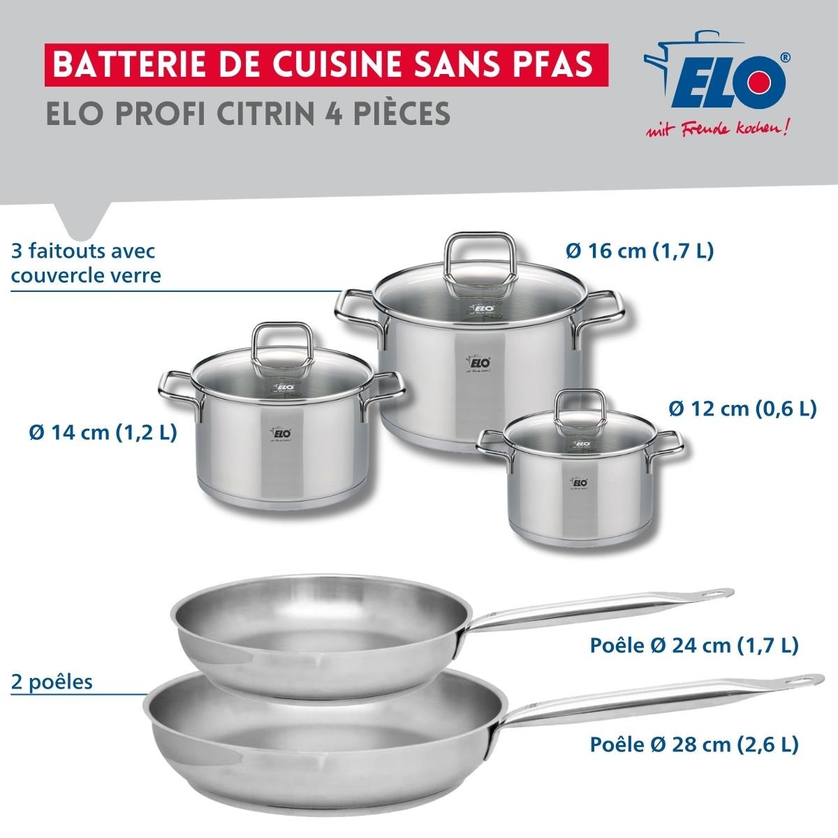Batterie 2 poêles 24/28cm + 3 faitouts 12/14/16cm PROFI CITRIN gris, ELO