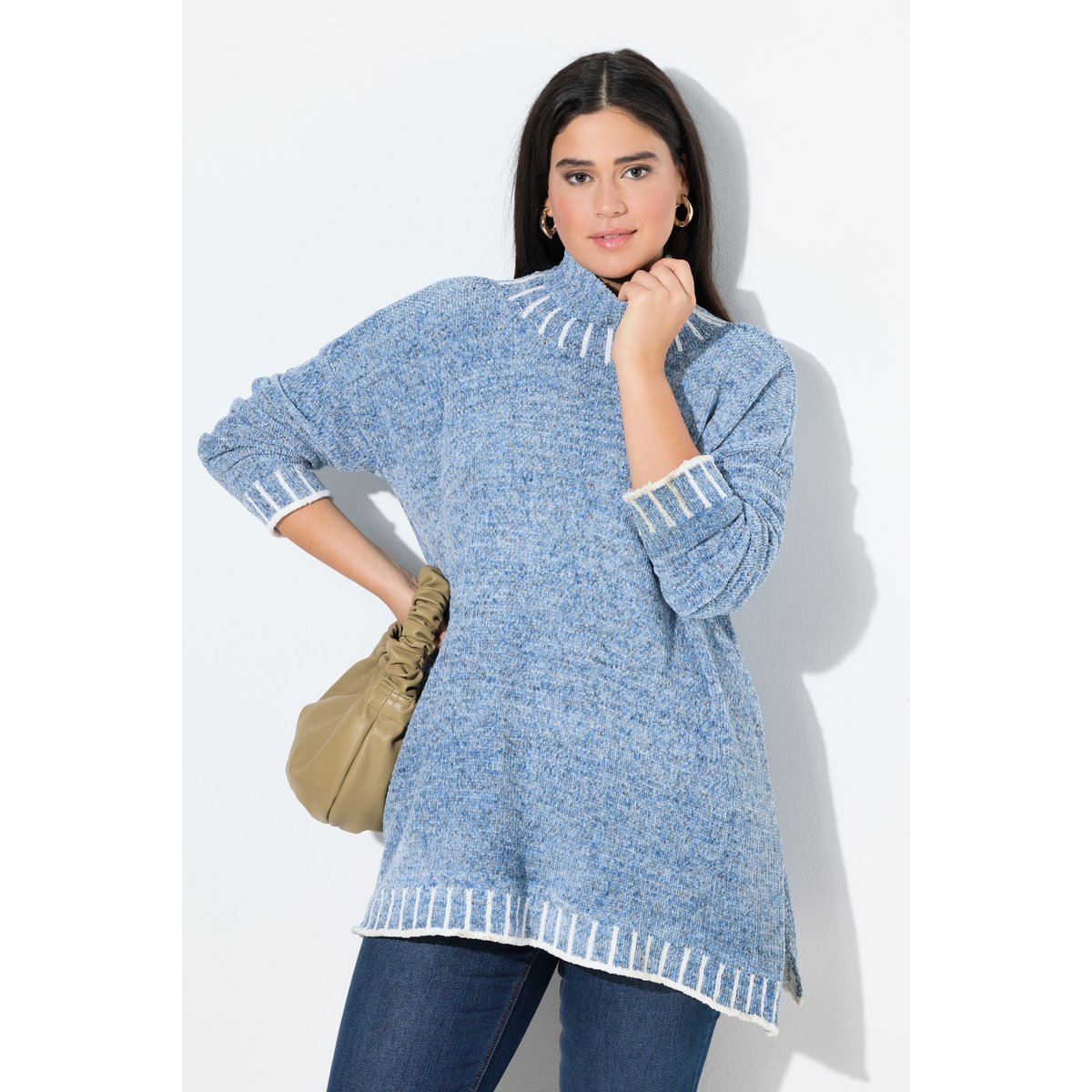 Pull poncho en maille chenille, oversized bleu pigeon, ULLA POPKEN