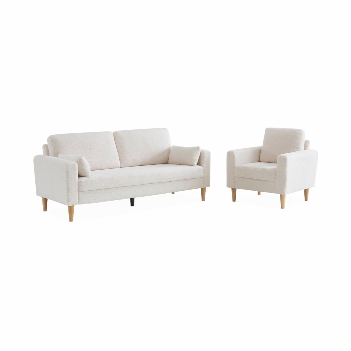 Fauteuil scandinave bois d'eucalyptus bouclette BJORN crème, SWEEEK