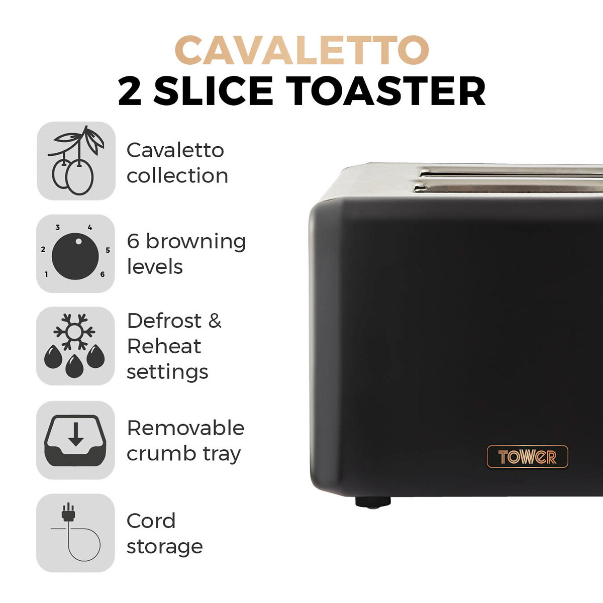 Cavaletto 2-Slice Toaster - T20036 black, TOWER